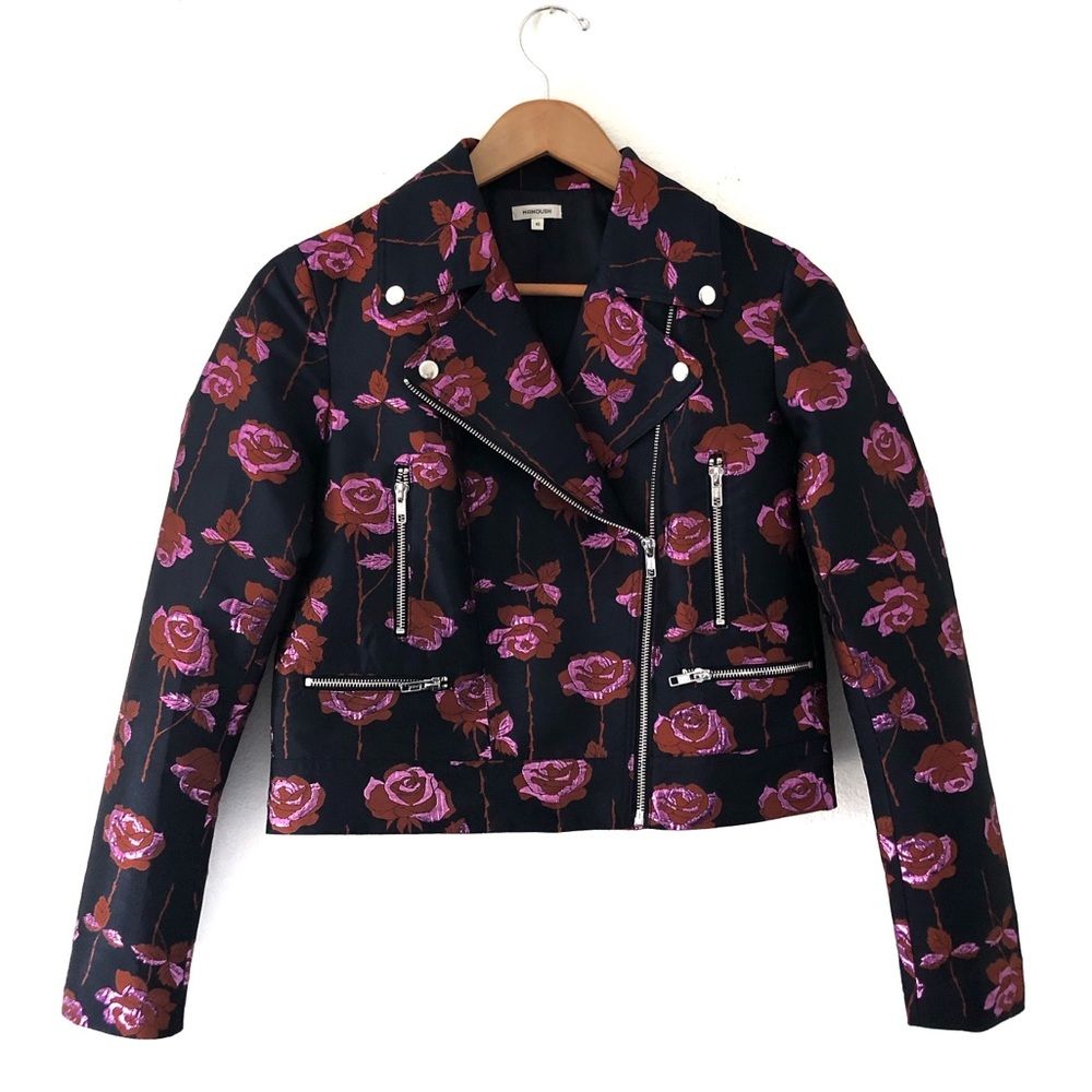 Manoush Blue Brocard Roses Floral Moto Jacket